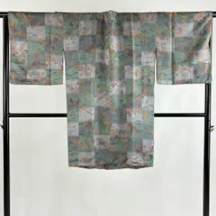 【美品】 道行 身丈99cm 裄丈69cm L 和装コート 角衿 蝶 草花 灰緑 正絹 秀品 【中古】