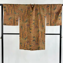 【美品】 道行 身丈101.5cm 裄丈68.5cm L 和装コート 角衿 草花 山吹茶色 正絹 秀品 【中古】