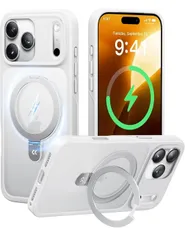 ★CASEKOO for iPhone 17 Pro Max ケース【3倍米軍MIL規格 耐衝撃／MagSafe対応】隠しスタンド 縦横立て対応 リング機能 マット仕上げ 指紋防止 黄変防止 半透明 ストラップホール付き （ホワイト）