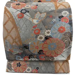 【美品】 袋帯 秀品 振袖向き 菊 蝶 金銀糸 箔 銀色 六通 正絹 【中古】
