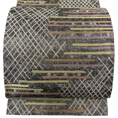 【美品】 袋帯 秀品 幾何学 斜め格子 銀糸 箔 茶緑色 六通 正絹 【中古】