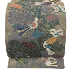 【美品】 袋帯 逸品 落款 鳥 樹木 金糸 箔 金色 六通 正絹 【中古】