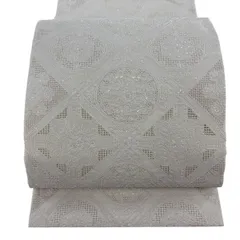 袋帯 逸品 華文 格天井文 箔 刺繍 灰白 全通 正絹 【中古】