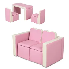 キッズ IKIFLY ソファ 子供用ソファーテーブル セット 2人掛け 肘掛けがテーブルになるソファ収納付き 組立不要 読書用多機能子ども用 チェア キッズルーム 子供部屋 リビング (ピンク)