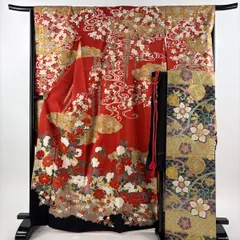 【美品】 振袖 身丈166.5cm 裄丈66.5cm M 袷 袋帯フルセット 牡丹 雲文 金糸 金銀彩 朱色 正絹 秀品 【中古】