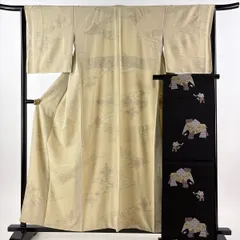 【美品】 小紋 身丈157cm 裄丈65cm M 袷 袋帯セット 流水 華文 刺繍 抹茶色 正絹 秀品 【中古】