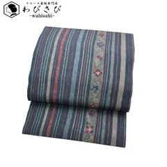 名古屋帯 縦縞に花柄模様 縮緬 濃青袋鼠色 O-5595