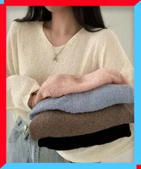 新品 透け感ニットトップス レディース Vネック 長袖 薄手 無地 春ニット【送料無料】