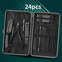 【プロ仕様】爪切りセット 8/15/24点セット ステンレス製 専用ケース付き 爪やすり/ニッパー/はさみ付属 携帯便利 男女兼用 ギフトにも最適【24点セットブラック】