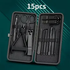 【プロ仕様】爪切りセット 8/15/24点セット ステンレス製 専用ケース付き 爪やすり/ニッパー/はさみ付属 携帯便利 男女兼用 ギフトにも最適【15点セットブラック】