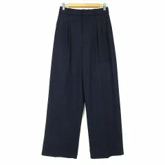 ユニクロ UNIQLO タック ワイドパンツ ストライプ ストレッチ センタープレス M 紺 ネイビー オフ白