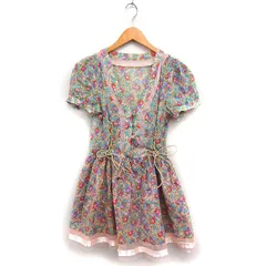 ナイン NINE フラワープリント ワンピース ミニ パフスリーブ レースアップ シルク混 F ピンク /FT13