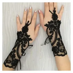 レース手袋 ショートウェディンググローブアイボリーホワイトブラックブライダルグローブガールパーティーフィンガーレスレースグローブレディースフラワーウェディングアクセサリー (Color : Black)
