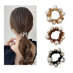 花 星 髪飾り ヘアアクセサリー シュシュ ファッション オフィス パール 通勤 大人 シンプル 黒 跡がつかない 韓国風 ヘアゴム【3本セット】髪ゴム 小物 おしゃれ かわいい ギフト (パール3本)