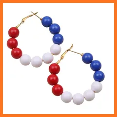 【新品】 アメリカンフラッグデザイン ビーズピアスセット、レッド・ホワイト・ブルー、パールビーズフープイヤリングとメッシュフラッグドロップピアス (白,1ペア)