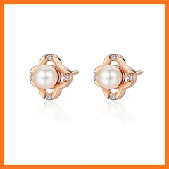 【新品】 TIFLA パール ピアス レディース シルバー925 真珠 イヤリング 四葉のクローバー CZダイヤモンド 金属アレルギー対応 人気ピアス 可愛い プレゼント (ピンクゴールド)