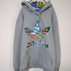 アディダス　プルオーバーフーディー　メンズL相当　グレー色　カラフルロゴ