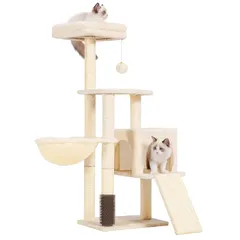 Heybly キャットタワー 子猫とシニア猫に最適 超スリム 据え置き型 省スペース 登りやすい ハンモック天然麻ロープを使用した爪研ぎボード 高さ108cm ベージュ HCT005SM 0