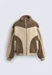 ザラ バイカラー パイピング Shearling アウター ジップアップ フリース ジャケット 3046 400