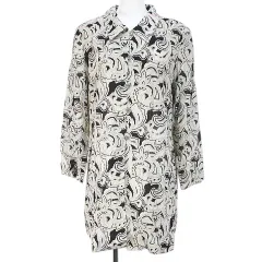 あいびぶれ 長袖 シャツ ブラウス ロング丈 羽織 黒系 ブラック 総柄 サイドスリット ボタン 透け感 肩パット 日本製