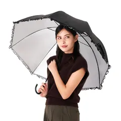 オカモト原宿店 日傘 完全遮光 遮光率 100 フリル付 (UVカット / 紫外線遮蔽率99.9% / 照り返しカット) 軽量 長傘 (遮光/遮熱/撥水) ブラック ドーム型 60cm 0