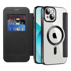 MuZiF iPhone 13 用 ケース 手帳型 Magsafe対応 クリア 背面 透明 高級なPUレザー 永久磁石 マグネット スマホケース カード収納、人気財布型 カバー 軽量 アイフォン13 用 手帳カバー (iPhone 13用,ブラック) 1