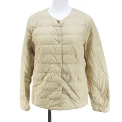 ユニクロ UNIQLO ダウンジャケット ノーカラージャケット L ベージュ系 スナップボタン 裏地 無地