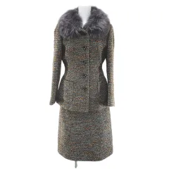 ebeco セットアップ ボーダー ジャケット 膝丈 フレアスカート スカート ツイード 灰系 グレー 毛 ウール 裏地