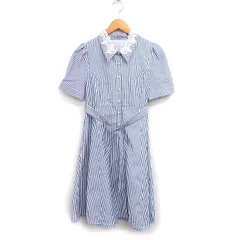 トッコ TOCCO ストライプ フレア シャツワンピース 半袖 ロング レースカラー M グレー 灰 ホワイト 白 /FT7