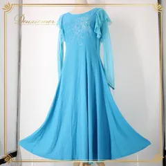社交ダンス 衣装 スタンダード ドレス ワンピース パーティドレス 水色 ライトブルー系 ラインストーン レース 長袖 華やか 派手 デモ 上品 ライトブルー 発表 会 衣装 おしゃれ 春 夏 快適 フェミニン 大人 かわいい エレガント