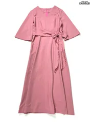 古着 リボン 無地 ロング丈 長袖 ワンピース ピンク (otu2601075)