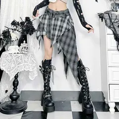 レディース スカート チェック柄 不規則デザイン アシンメトリー 流浪風 ダーク系 ゴシック風 モード系 ストリート ファッション コーデ自在 個性派 トレンド 新作 ブラック系 ミディ丈 女性用