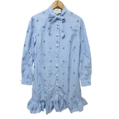 美品 GUCCI グッチ GGパールボタン ボウタイ付き ストライプ うさぎ シャツミニドレス ワンピース 481682 36 ブルー レディース 古着 中古 USED