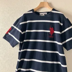 U.S. POLO ASSN. ビッグポニー刺繍 ボーダー 半袖カットソー M ネイビー×ホワイト 鹿の子素材 ロゴT クルーネック USPA