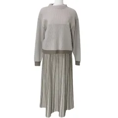 コムサイズム COMME CA ISM ストライプ柄ニット セットアップ ロングスカート フレア セーター 長袖 配色カラー ベージュ ブラウン 9 M相当 X