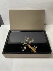 未使用 会津塗 お盆 トレー 黒塗り 梅 蒔絵 漆器 和食器 箱付き