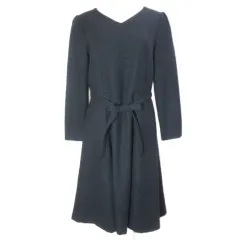 ナチュラルビューティーベーシック NATURAL BEAUTY BASIC 美品 フレアワンピース ひざ丈 長袖 ラメ ウール Vネック ウエストリボン M 紺 ネイビー X