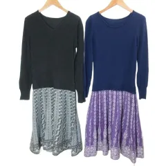 リブ イン コンフォート Live in comfort フェリシモ 2点セット ドッキングワンピース ジャガードニット ひざ丈 長袖 総柄 Vネック クルーネック S パープル系 グレー系 X