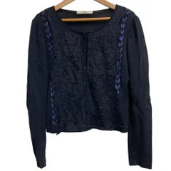 美品 Rene ルネ レース切り替え ニットカーディガン サイズ34 ネイビー レディース 古着 中古 USED