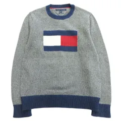美品 TOMMY HILFIGER トミーヒルフィガー ロゴ ニット セーター カットソー クルーネック 長袖 L グレー系 メンズ 古着 中古 USED