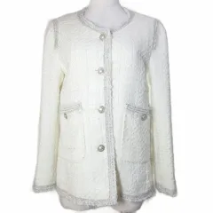ザラウーマン ZARA WOMAN ツイードジャケット ノーカラー ラメ 総裏地 XS 白 ホワイト /X