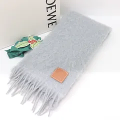 ITL396I89Q16 美品 LOEWE ロエベ アナグラム モヘア ウール マフラー グレー ライトグレー フリンジ ブランド シンプル ストール 箱付き プレゼント