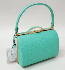 和装バッグ 単品 合皮 ミントグリーン 型押し 地模様入り ハンドバッグ がま口 手提げ 成人式 結婚式 卒業式 NO42810-4