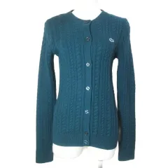 ラコステ LACOSTE ケーブルニット カーディガン 長袖 ワッペン ウール 厚手 クルーネック 34 日本サイズS相当 緑 グリーン ☆AA★ /X