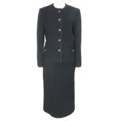 SAINT SEVERIN サンセブラン 昭和ドレス 美品 セットアップ スーツ ツイード ノーカラー ジャケット スカート 膝下丈 タイト ウール ライオンボタン 9 M相当 黒 ブラック X