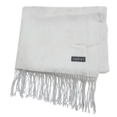 インディヴィ INDIVI 美品 ストール シルクウール マフラー ジャガード フリンジ ライトグレー /X