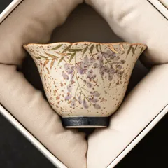 新品未使用 染付け燧石高級オーナーカップ 手描き金彩藤の花開き口カップ 耐熱湯呑み 大容量茶器