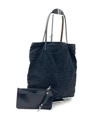 FENDI フェンディ　ズッカ　トートバッグ ポーチ付き　キャンバス×レザー ブラック系　縦型　イタリア製　オールドフェンディ　ヴィンテージ　レディース　ラグジュアリー　高級　ハイブランド