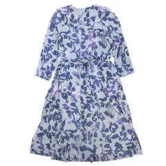 SEWINGさえ ソーイングサエ ちりめん 花柄 ボタニカル ワンピース 長袖 膝丈 ミモレ丈 リボン シースルー 青 ブルー レディース 古着 中古 USED