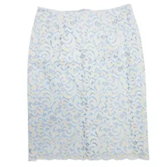 美品 UNACA アナカ ケミカルレース 刺繍 スカート 膝丈 ハーフ タイト ナイロン 38 水色 ライトブルー ベージュ レディース 古着 中古 USED